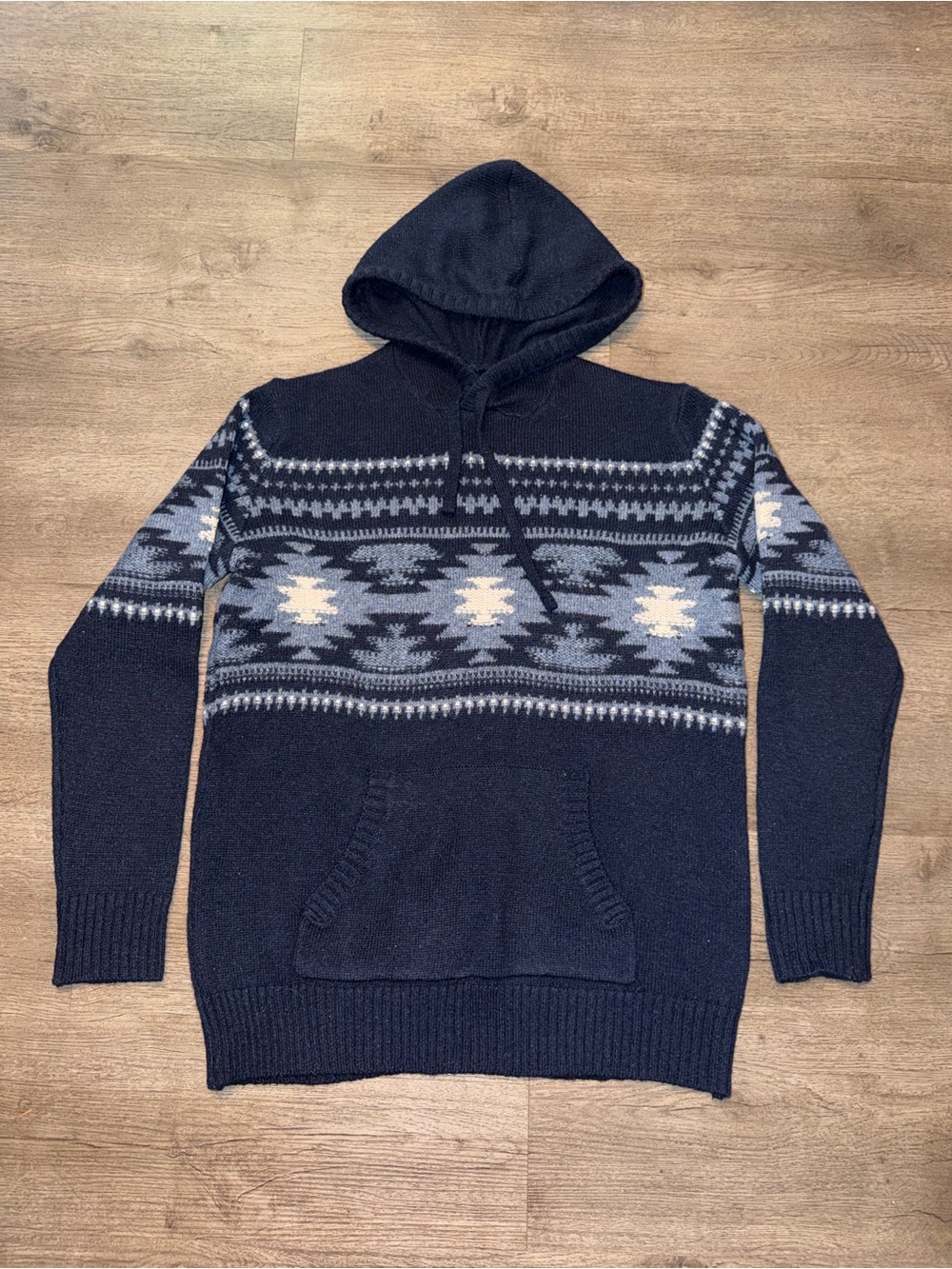 American Eagle Men's Navy Hooded Fair Isle Sweater